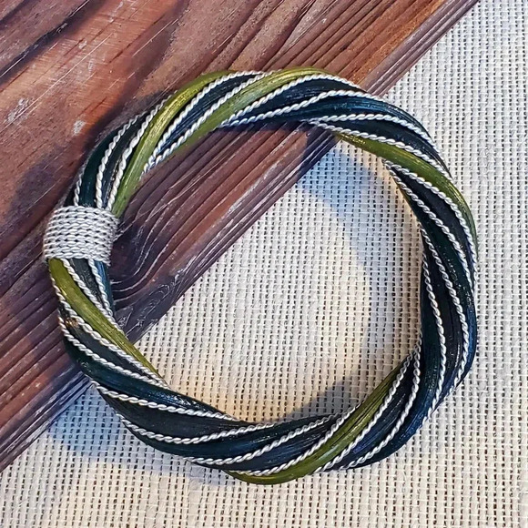Handcrafted Twisted Rattan Wicker Olive Dark Green Silver Metal Bangle Bracelet - Picture 3 of 8
